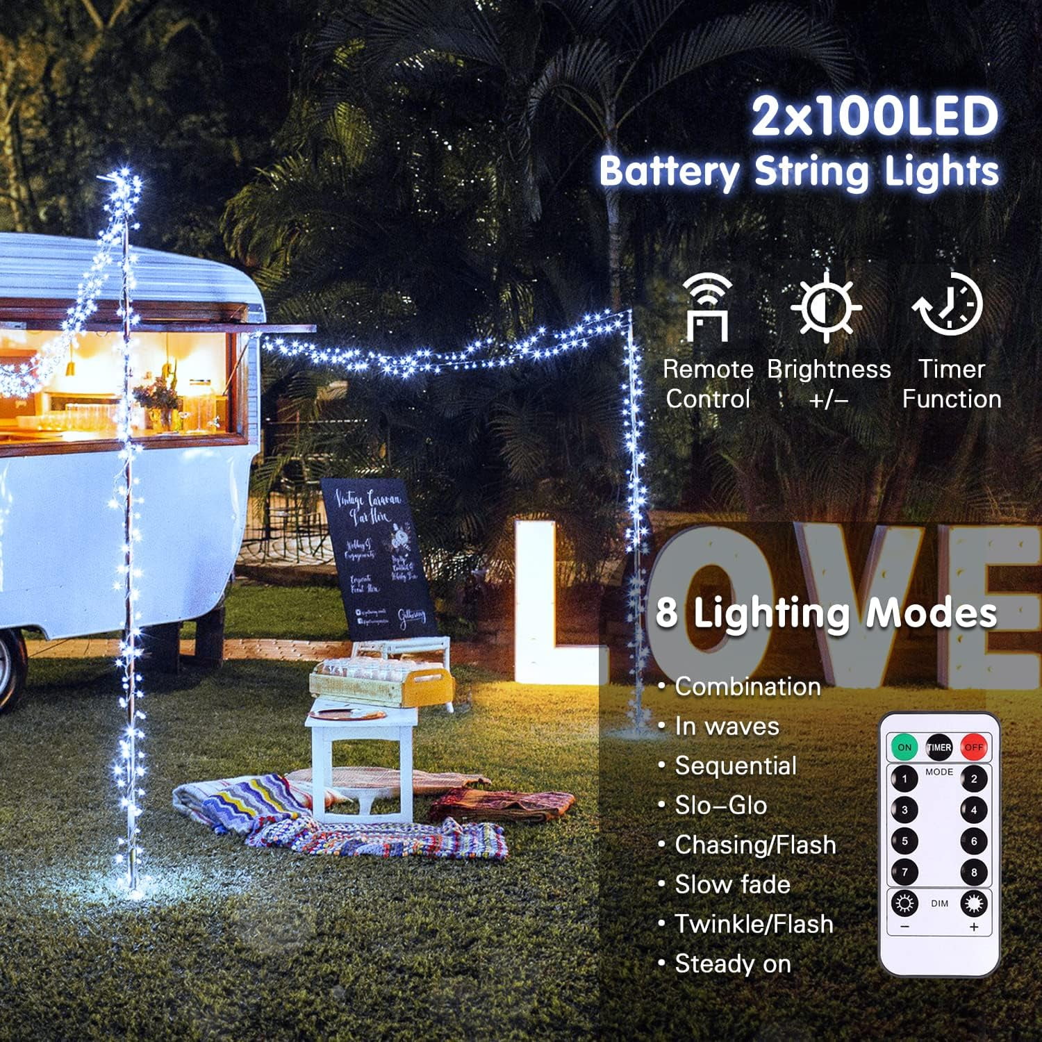 2 Pack White Battery Operated Christmas String Lights, Each 33ft 100 LED Wedding Lights Outdoor Indoor, with 8 Modes Remote Waterproof