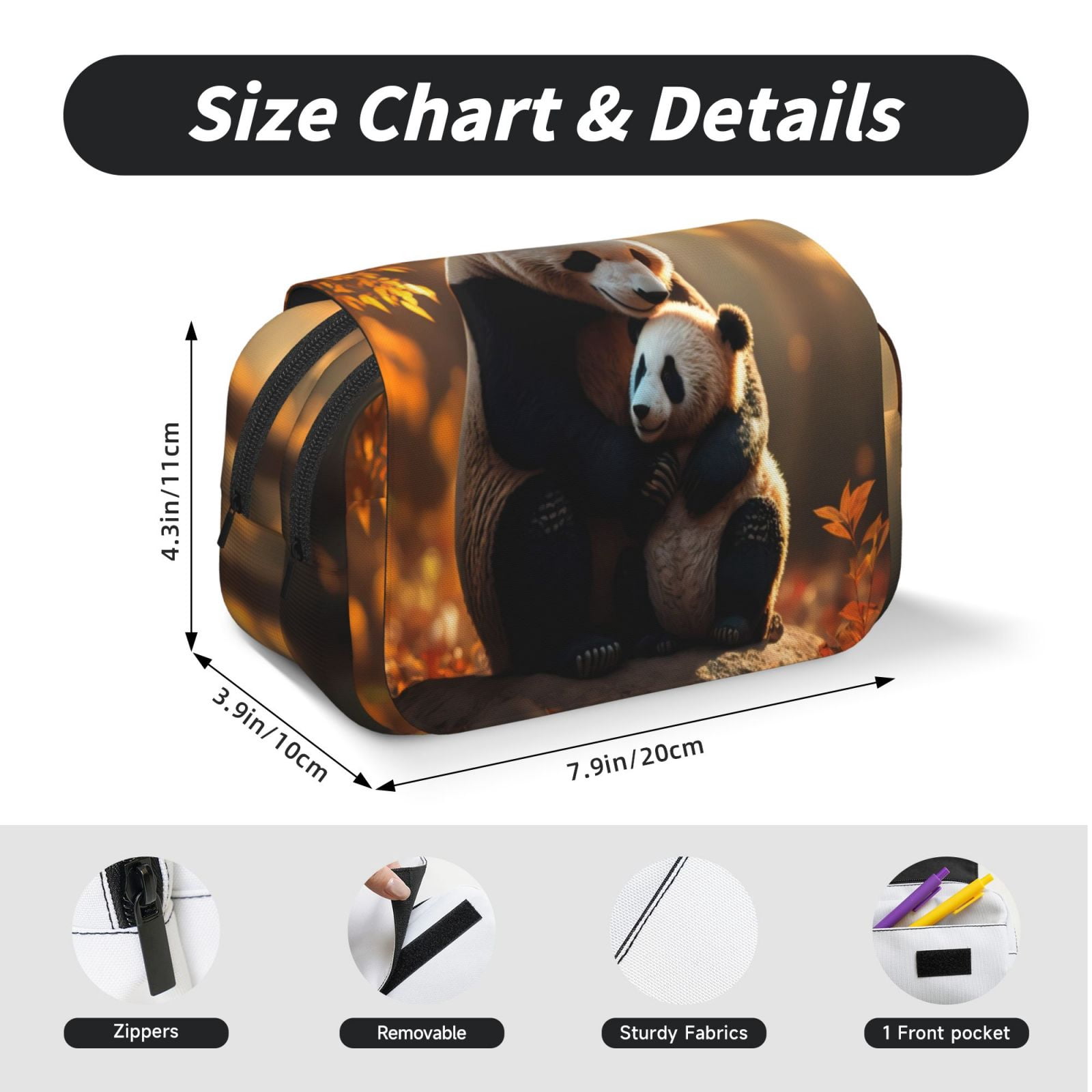 Rateoe Maple Forest Panda Pattern Double Clamshell Pen Case, Storage Organizer with Two Zipper Compartments– Holds Up to 50 Pencils & Pens
