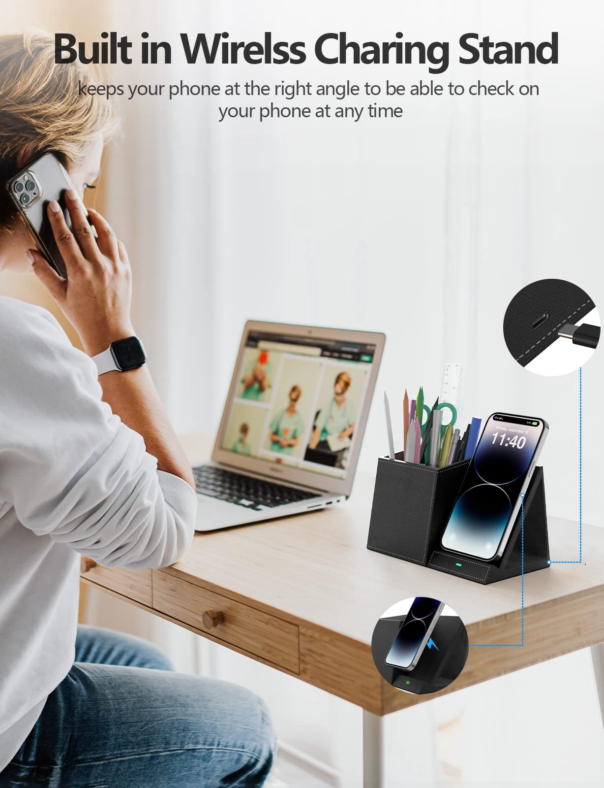 Extrelife Desk Organizer with Wireless Charging for iPhone, PU Leather with Pencil Holder for Desk & Nightstand, Black