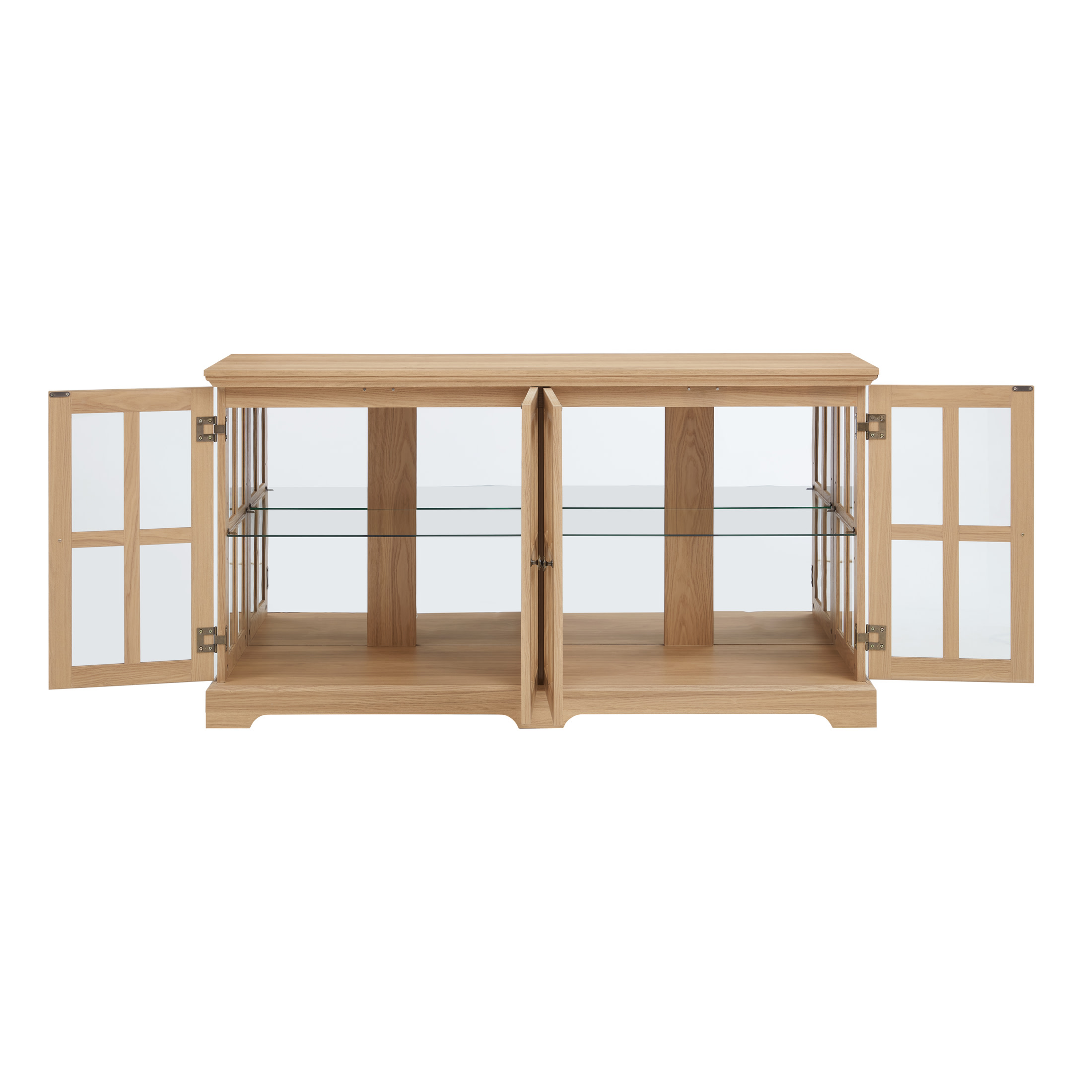 Noble House Auburn 59" LED Glass Display Cabinet, 4-Door Antique Curio, Adjustable Shelves, Vintage Showcase, Light Oak