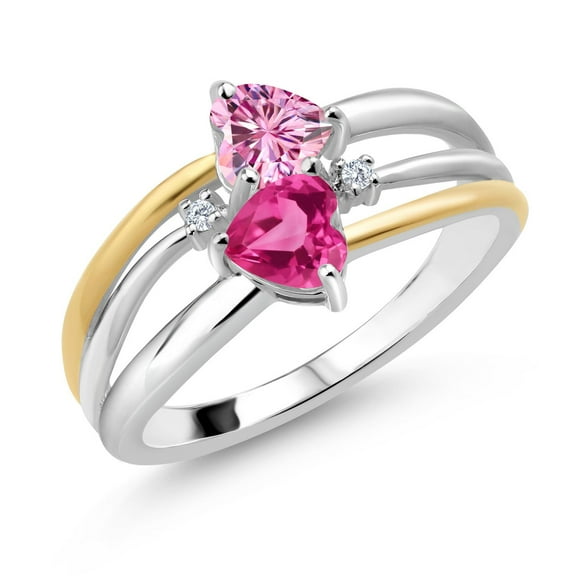 Gem Stone King 925 Silver and 10K Yellow Gold Pink Moissanite and Pink Created Sapphire and White Lab Grown Diamond Band Ring for Women (1.12 Cttw, Gemstone, Heart Shape 5MM, Size 9)