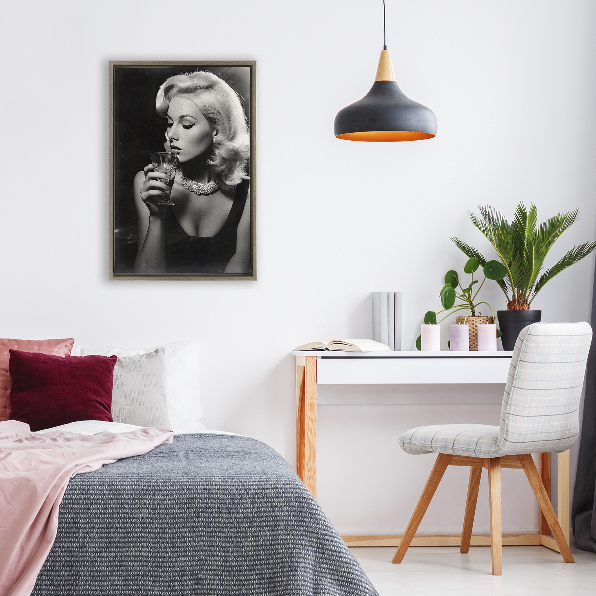 Classic Woman & Martini Brown Framed Floater Canvas Wall Art, design by Decent Exposures