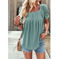 thumbnail image 6 of Women'S Hollow Pleated Short Sleeves Square Neck Casual Loose Solid Color Knit T Shirts Tops Blouses Bean Green XL, 6 of 9