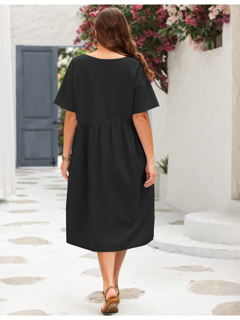 plus size cotton dresses with pockets Zeagoo Sundress Short Sleeve for Women Summer Casual Loose Long Dress Model is 57 /173 Shona Joy | La SCH008292_LY_XXL Color:#43 Emerald flowy plus size summer dresses