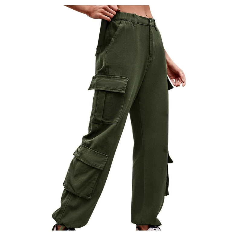 Cargo Pants Women High Stretch Waist Casual Trousers Straight Leg Loose Fit  Solid Fashion Slacks