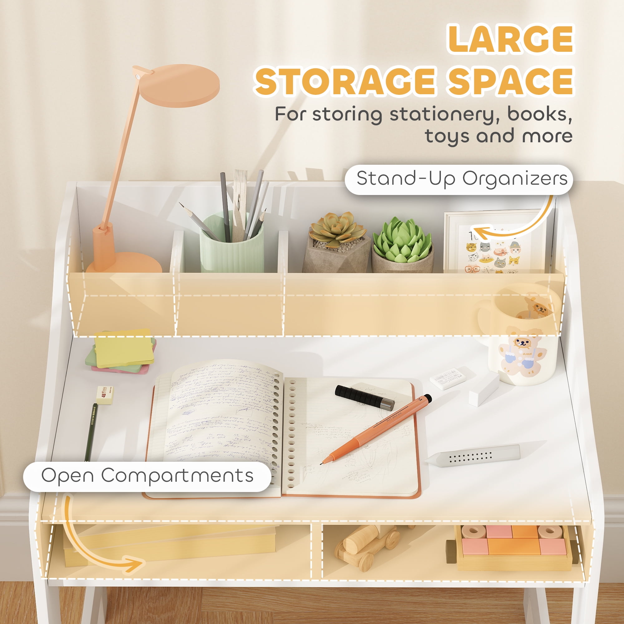 Qaba Kids Desk and Chair Set, Children Study Table with Storage Shelves, Student Writing Desk for Bedroom & Study Room, 3-8 Years Old, White