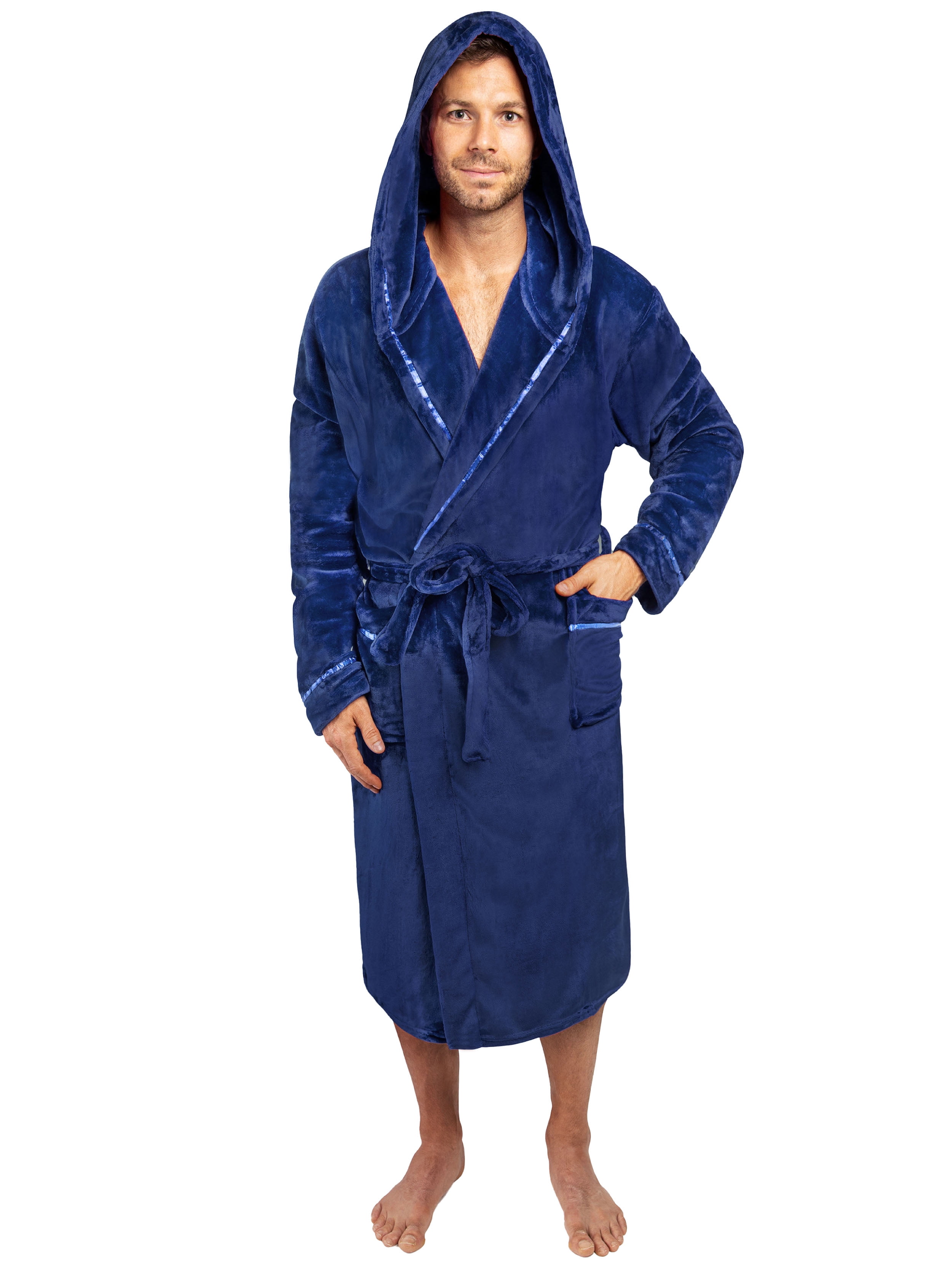 Mens Hooded Robe Full Length Long Plush Shawl Kimono Bathrobe Warm Soft Home Clothes with Belt Nightwear Sleepwear