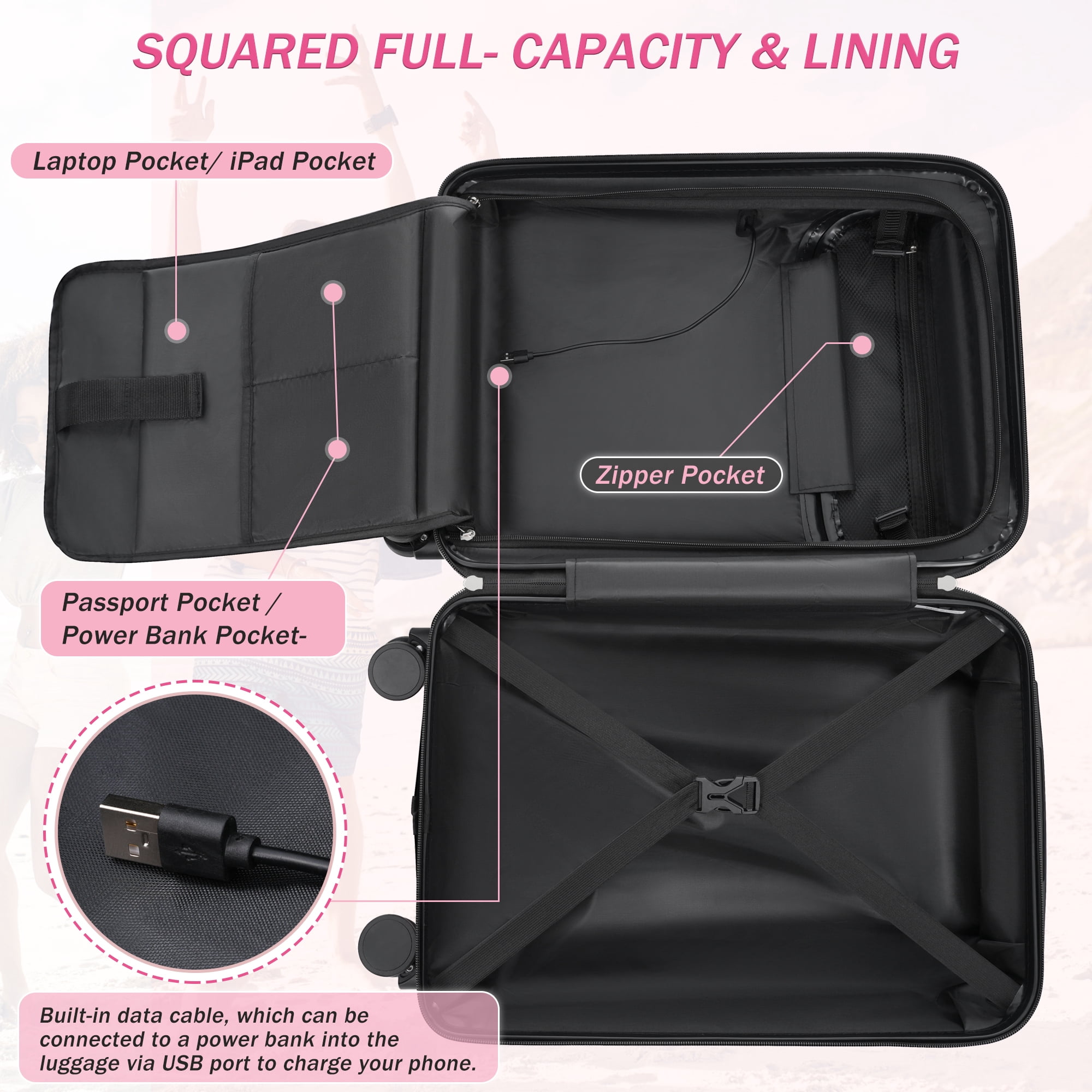 Euroco Luggage Sets 5 Piece, ABS Hardside Expandable Suitcase Set with TSA Lock Spinner Wheels and 2 Bags,20" Half-opening Carry on Luggage with USB Port for Travel,Pink(20"/24"/28")