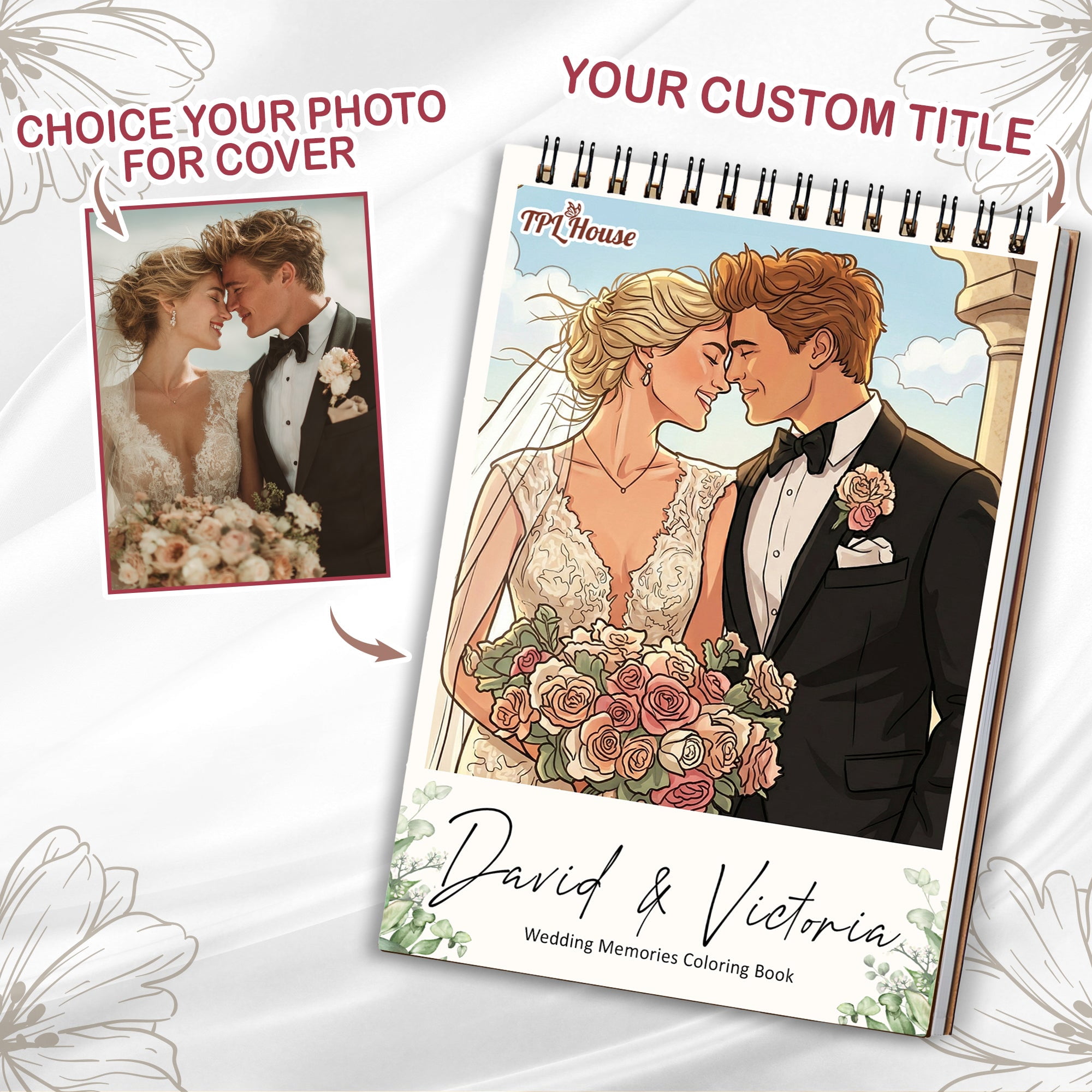 Personalized Wedding Memory Coloring Book for Adults – Custom Coloring Pages from Your Wedding Photos , 12–48 Pages, Memory Keepsake Gift, Premium Wooden Cover, Spiral Binding