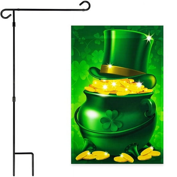 G128 Combo Pack: Garden Flag Stand Black 36x16IN & Garden Flag Pot of Gold and Hat 12x18IN