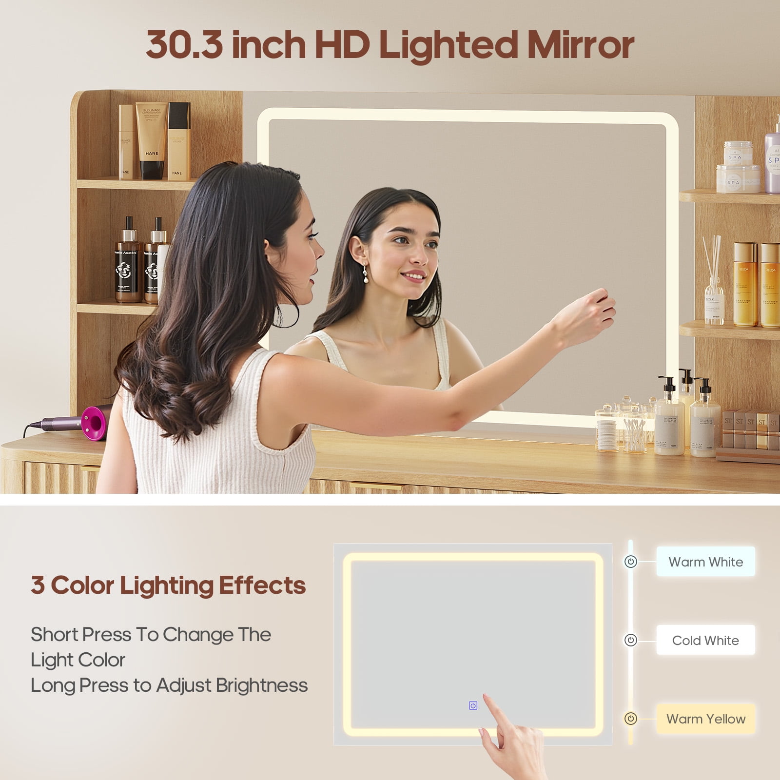 Plonmago Vanity Desk with Large Mirror and Lights, 5 Drawer Vanity with Power Strip, 6 Open Shelves, 2 Cabinets, Modern Dressing Table with Solid Wood Legs for Bedroom, 51.2" Fluted Makeup,Oak