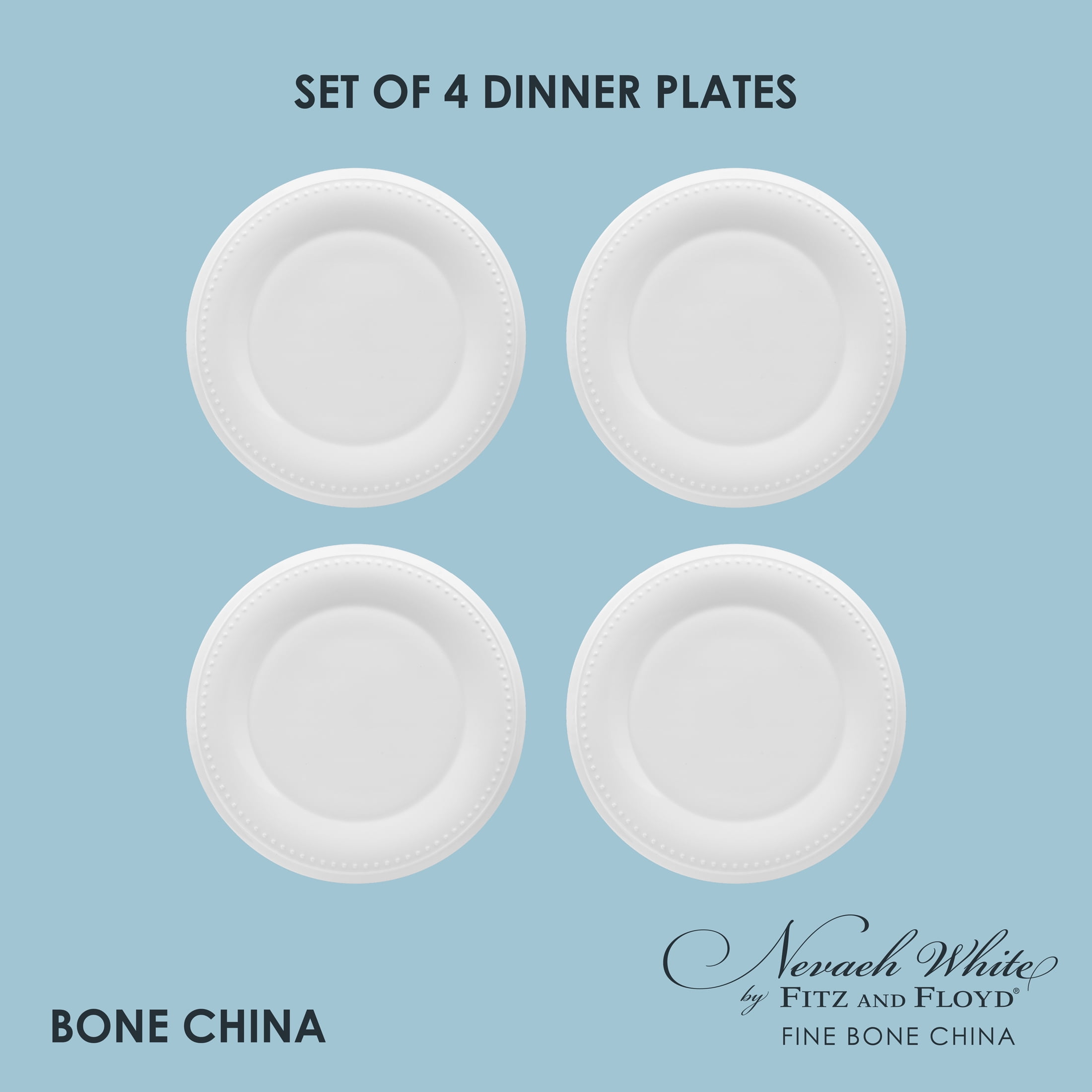 Fitz and Floyd Nevaeh White Classic Bead 11" Round Bone China Dinner Plates (4 Count)