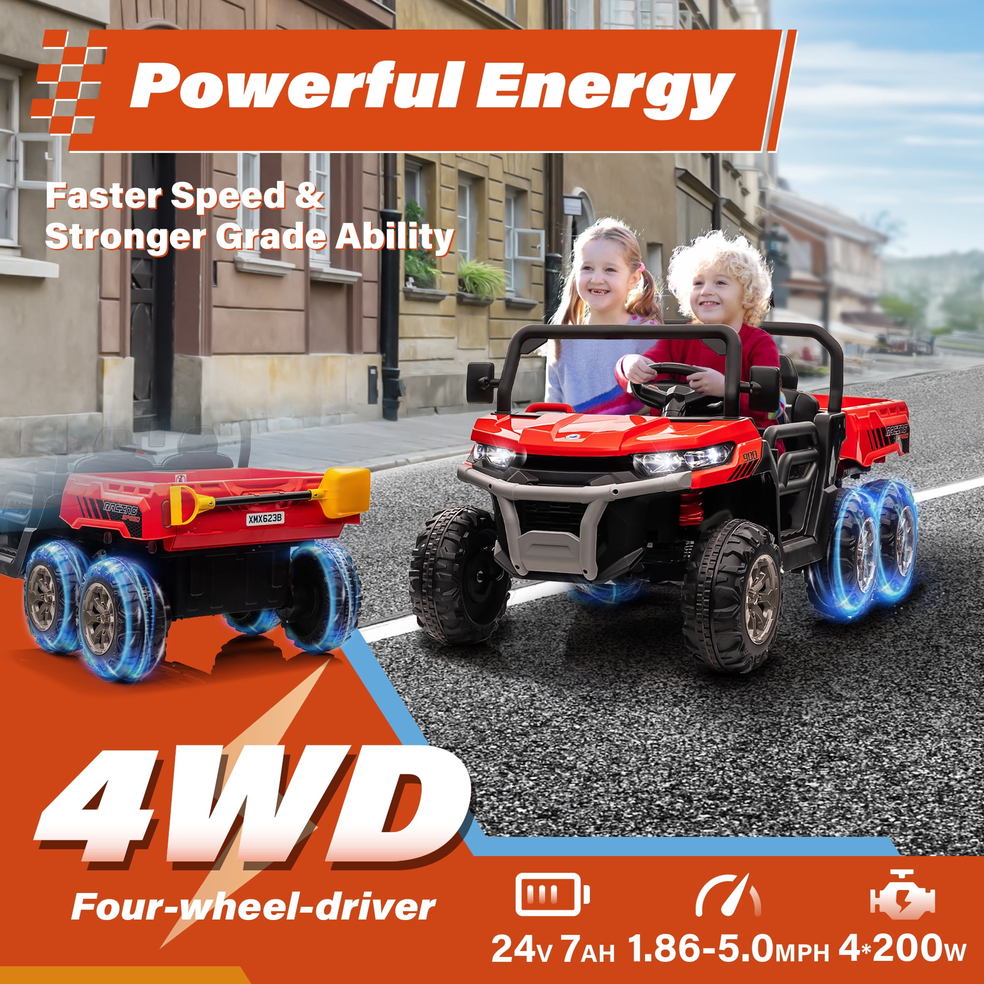 JOYRACER, 24V Ride on Toys, 2 Seater 6-Wheel UTV Car, Red