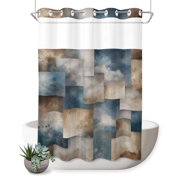 No Hook Shower Curtain, Blue Brown Geometric Shower Curtains for Bathroom with See Through Top Window, Vintage Neutral Abstract Art Waterproof & Washable Bath Curtain 60"x72"