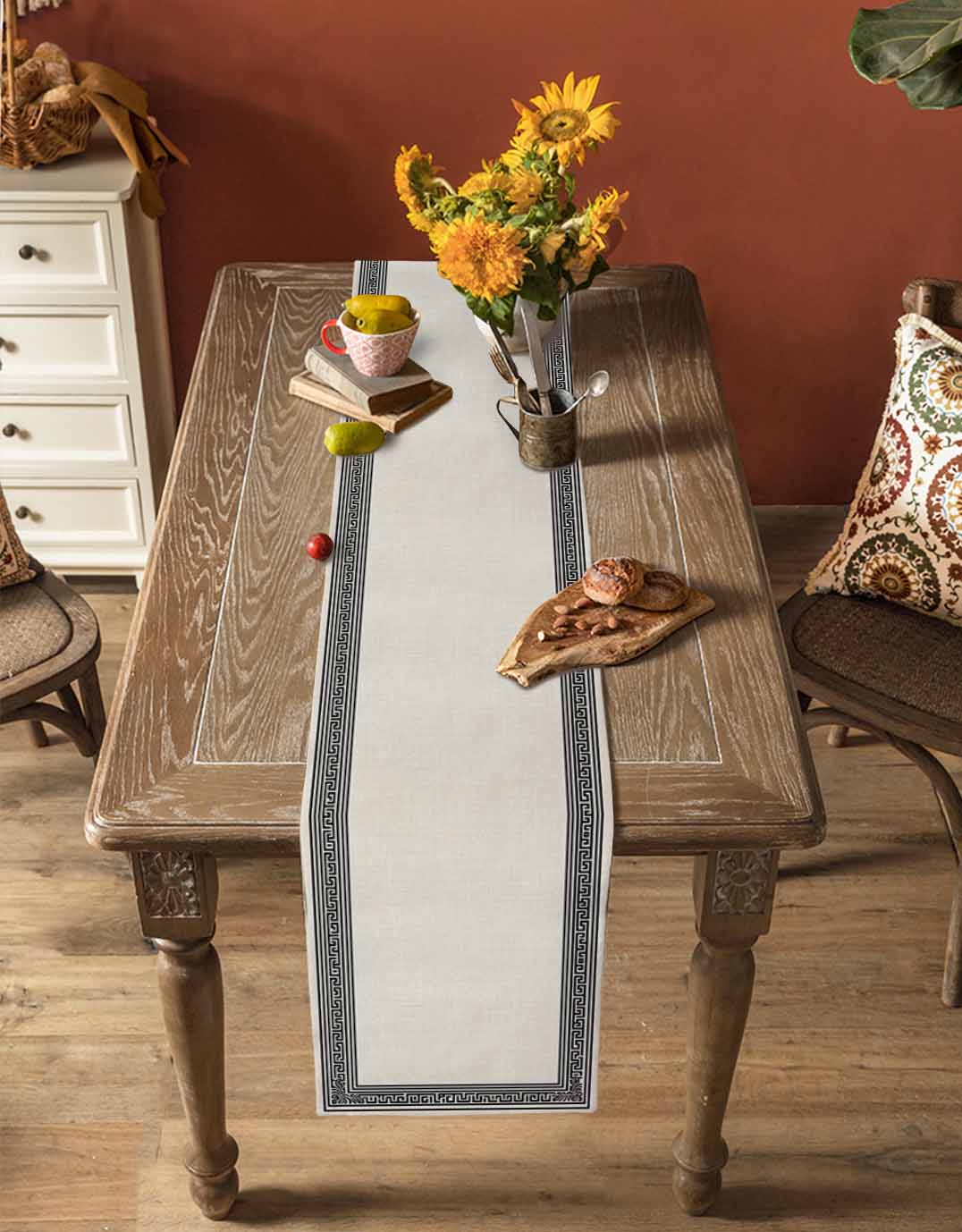 Black Cream Greek Key Table Runner 72 Inches, Geometric Greece Ancient Rustic Bed Runner Dresser Scarves Tabletop for Indoor Outdoor Parties/Ceremony/Banquet, 18" x 72"