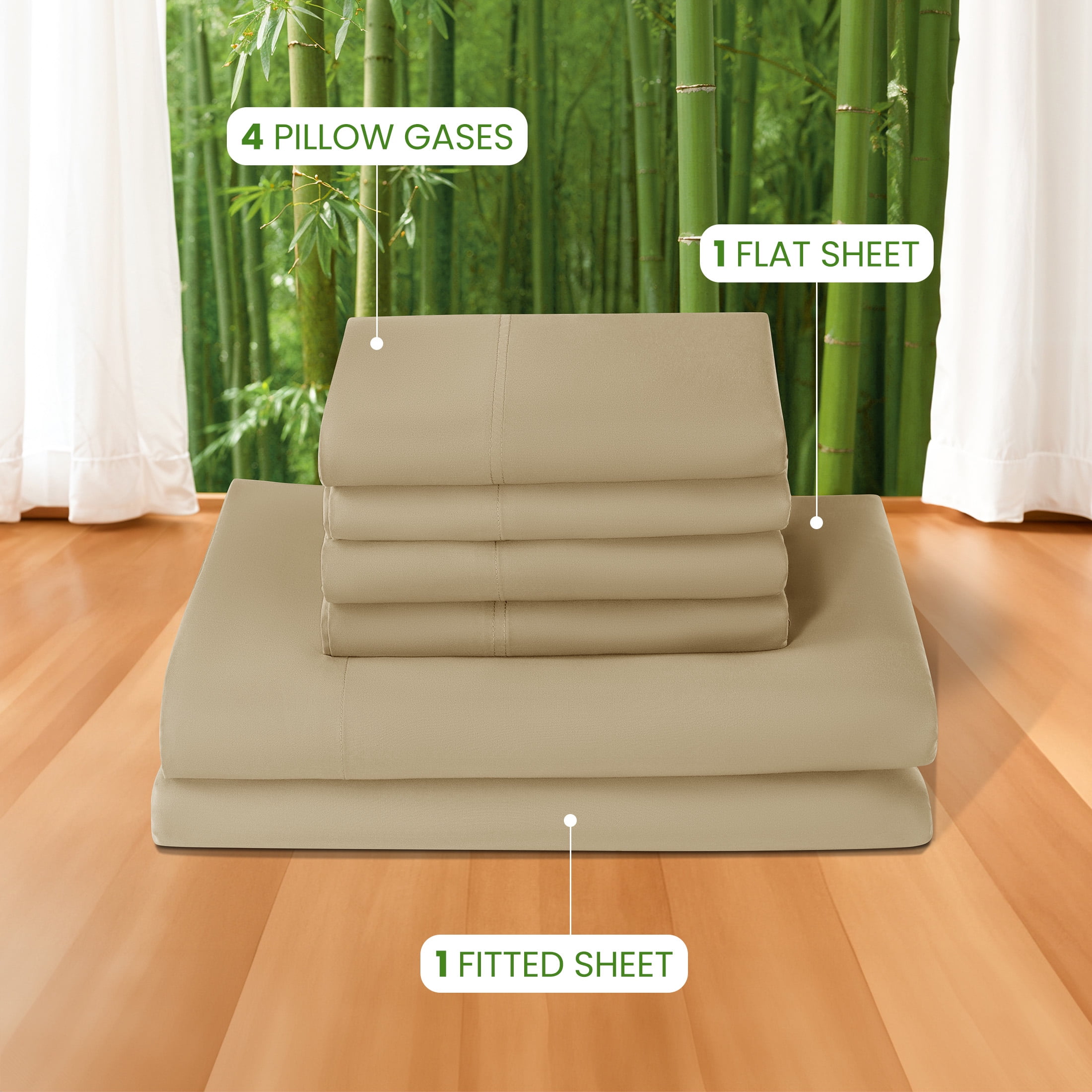Sonoro Kate 100% Organic Luxurious Bamboo Sheets, Queen Sheet Set 6-Piece with 16" Deep Pocket, Silky Smooth Luxury Bed Sheets, Beige