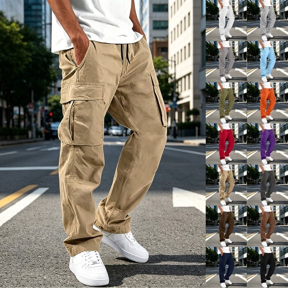 VeFlora 2026 Men's Cargo Pants, Stright Leg Sport Elastic Relax Fit Cargo Pants for Men, Fall Lightweight Cargo, Multi-Pockets Hiking Work Bermuda Pants(Khaki/S)