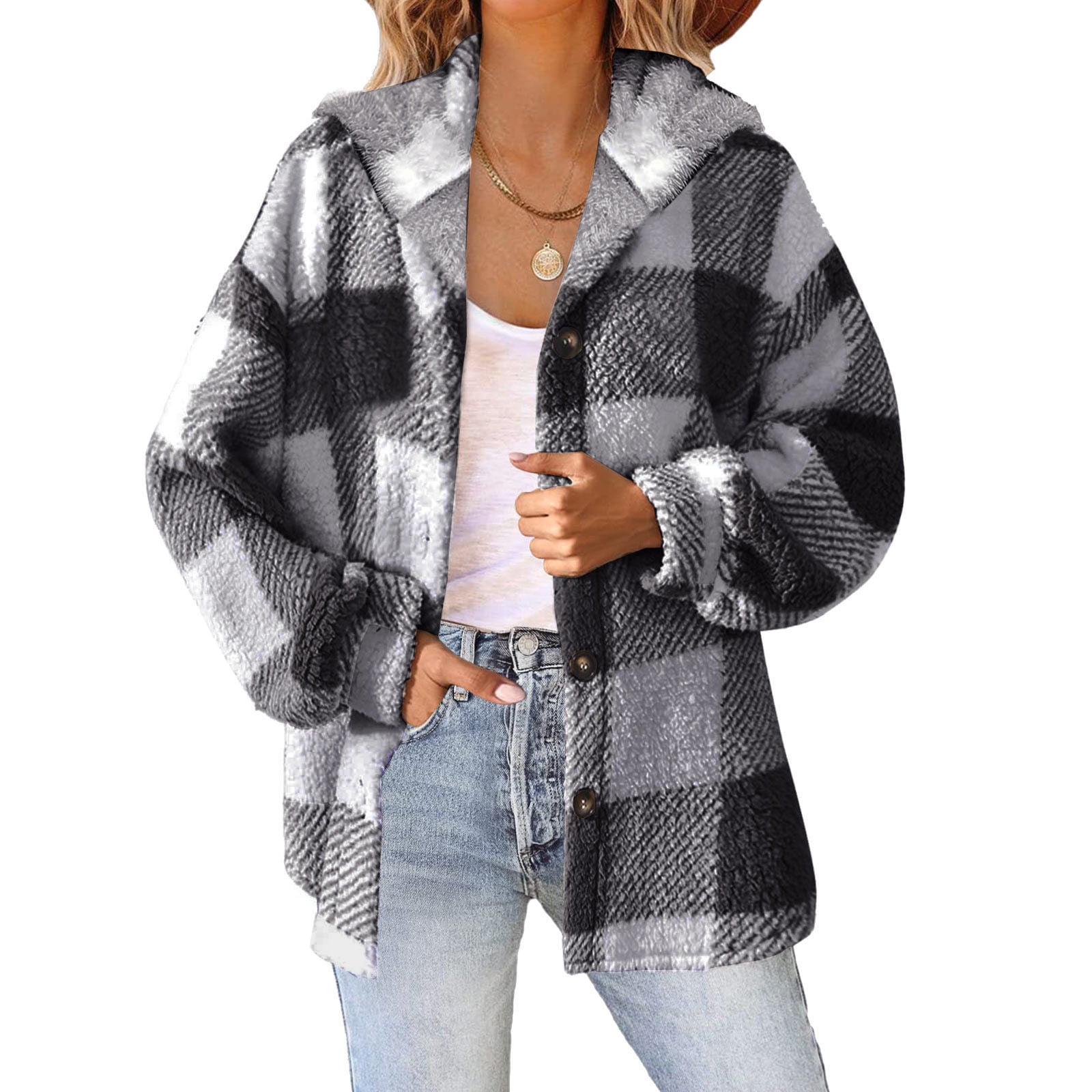 FAIWAD Women Fleece Plaid Flannel Hoodie Jacket Long Sleeve Button Down Casual Plus Size Hooded Coat Walmart