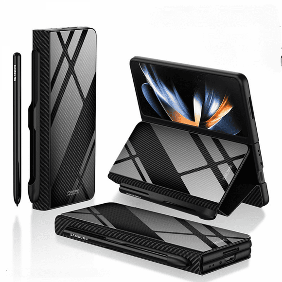 For Samsung Galaxy Z Fold 4 Case with S-Pen Holder Flip Plating Glass Crystal Hybrid Leather All-Inclusive Cover, with Hinge protection