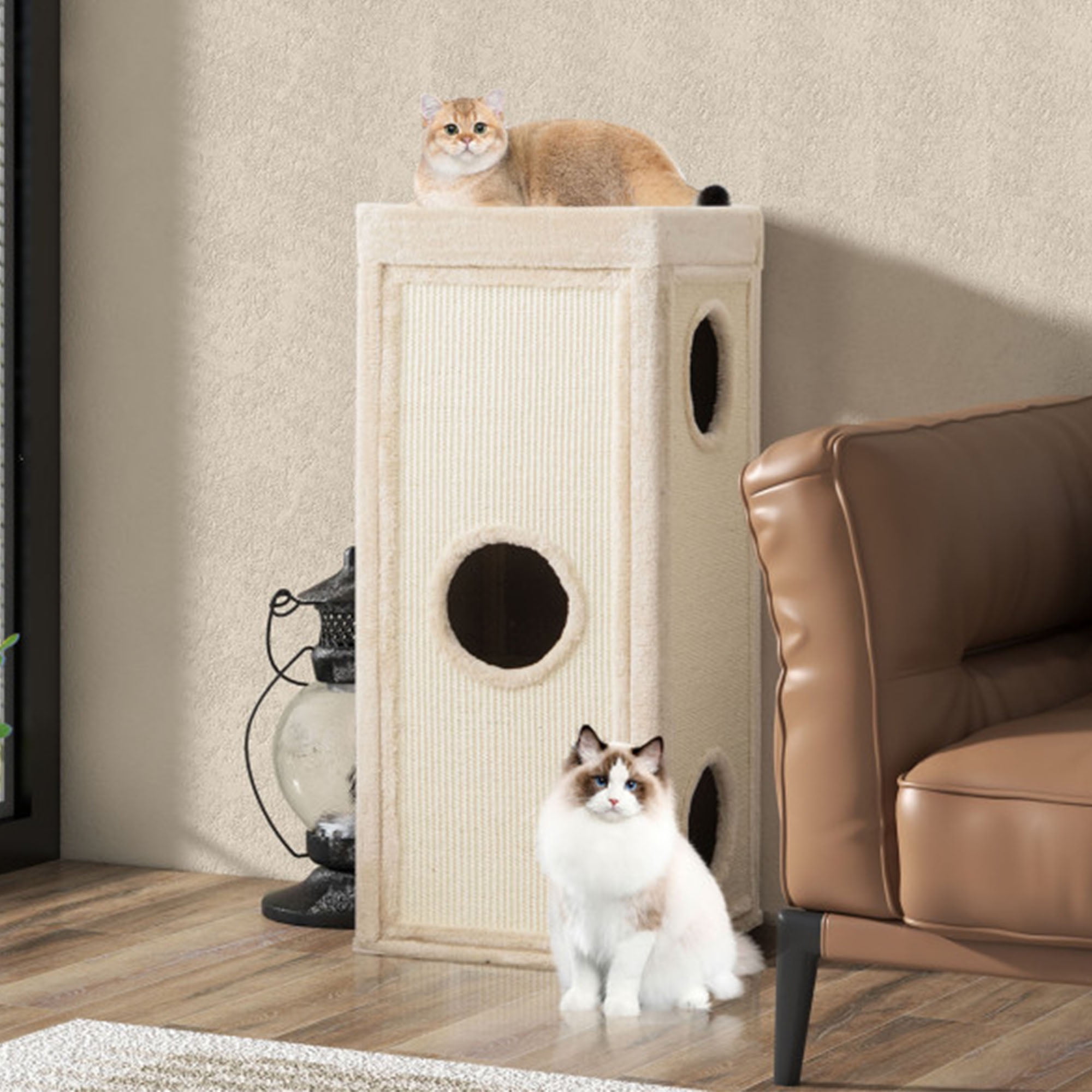 Kadyn 39" Indoor Cat Cave Bed, Cat House Scratcher Furniture, Cat Condo with Scratching Posts, 3 Hideaways, 4 Soft Plush Cushions, Beige