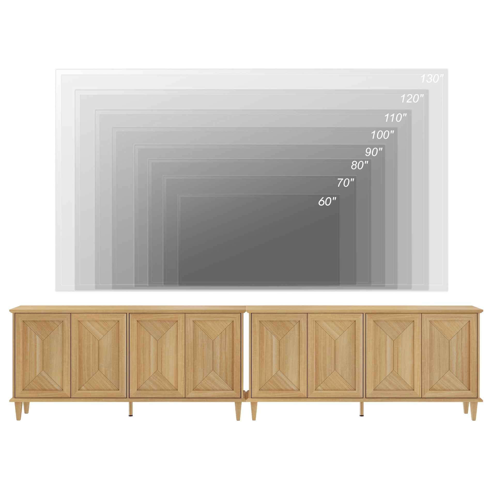 WAMPAT Modern Farmhouse Media Console for 85-130+ inch TVs,130-inch Large Double Unit TV Stand with Handcrafted Patchwork Doors,Massive Storage with Adjustable Shelves & Cable Management,Natural Oak