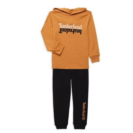 Timberland Little Boy's Gold Multi 2 Pcs Logo Hoodie & Fleece Joggers Set, 2T