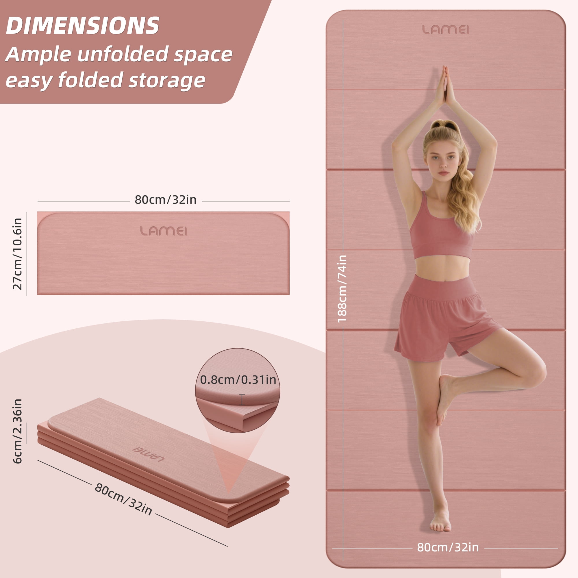 Lamei Foldable Yoga Mat, 31" Extra Wide Non-Slip Exercise Mats for Home Workout, 75" Long, 8mm Thick,Lightweight Travel, Quick Unfold/Fold, Flat Lay No Curl(Pink)