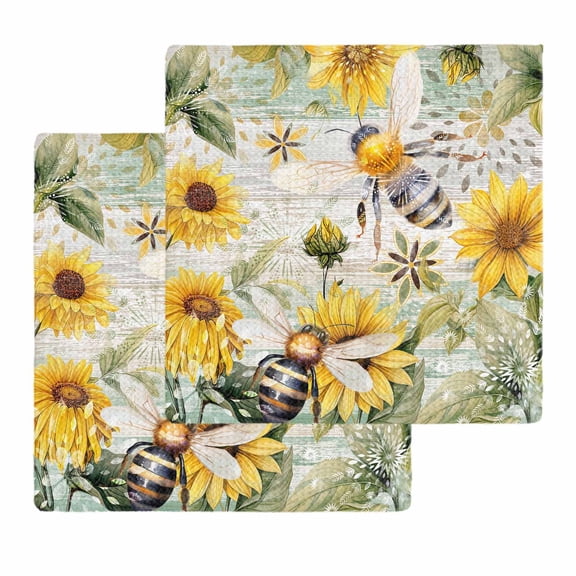 Sunflower Bee Kitchen Dish Towels for Drying Dishes Set of 2, Vintage Summer Botanical Farmhouse Waffle Weave Microfiber Hand Tea Bathroom Towels Quick Dry & Absorbent Towel 12x12