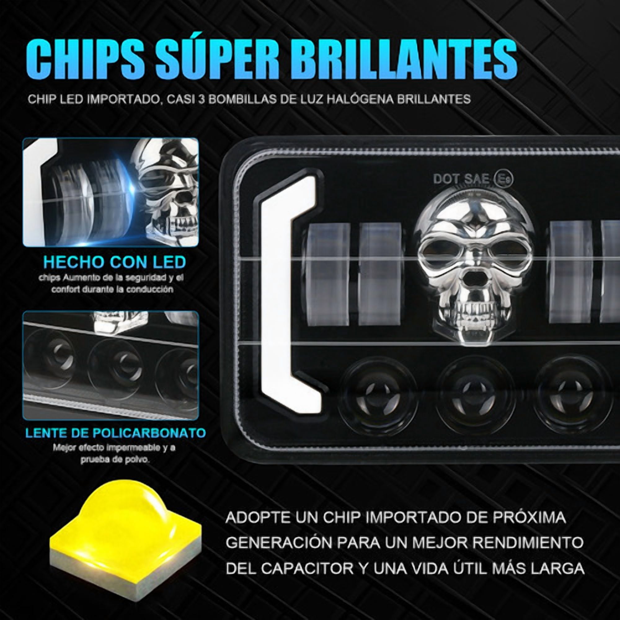Applies to Led Headlight Magnifying Glass 4x6 Square RGB Skull, Hi/Lo Light