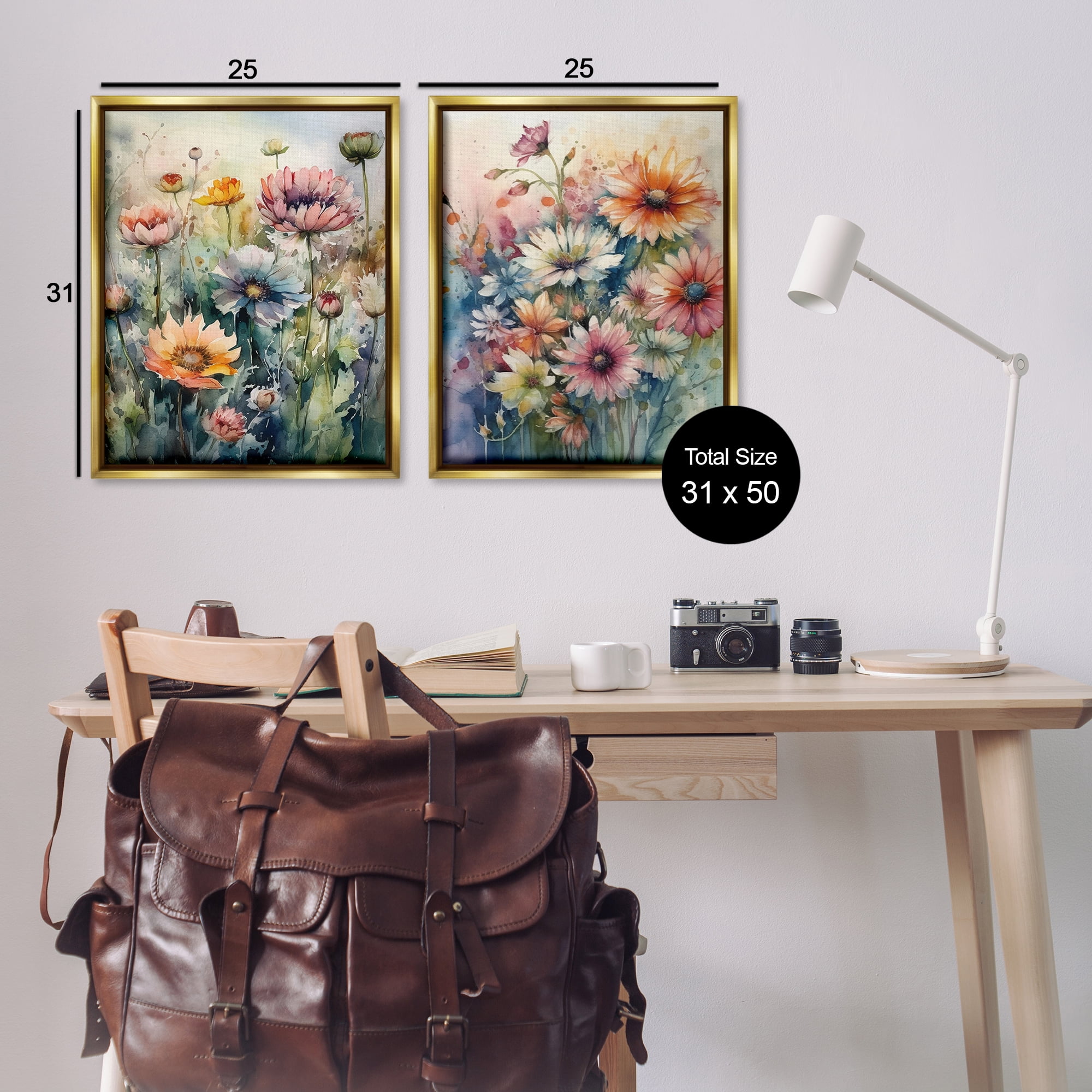 Stupell Industries Watercolor Daisy Field Flowers Plants & Flowers Painting Gold Floater Framed Canvas Art Print Wall Art, 31 x 25, Set of 2