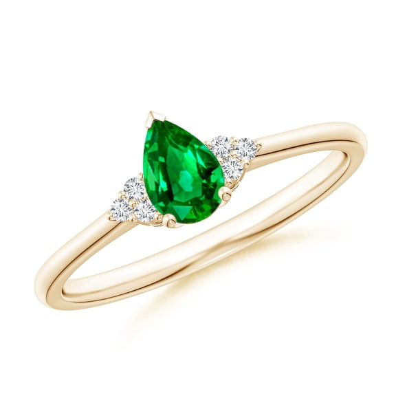 ANGARA Lab Grown Pear Emerald Solitaire Ring with Trio Diamond Accents for Women in 14K Yellow Gold (Size-6x4mm) | May Birthstone, Anniversary, Jewelry Gift for Women | Lab-Grown Emerald Ring