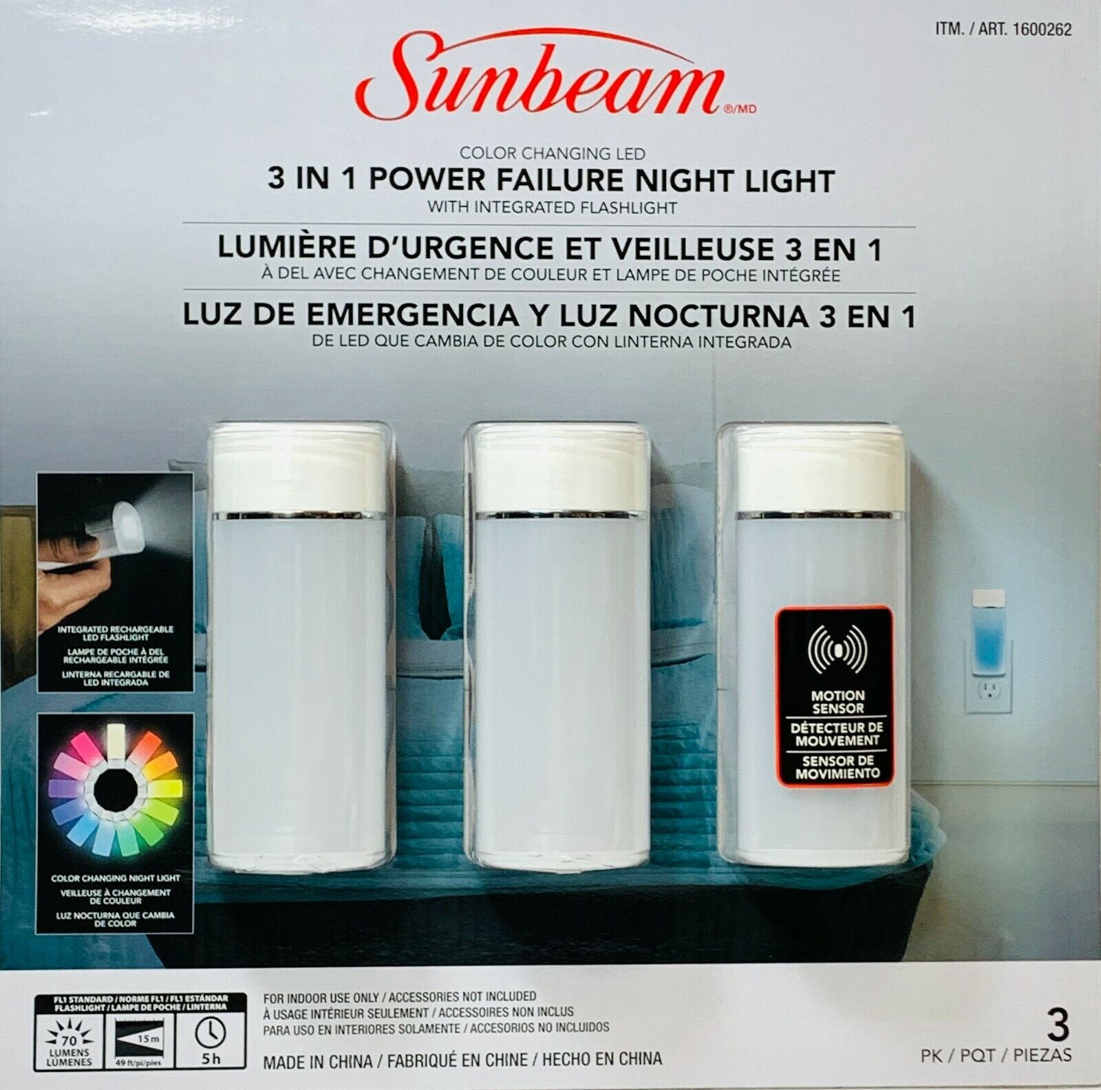 Sunbeam 3 IN 1 Power Failure Night Light 3PK Color Changing LED Motion  Sensor