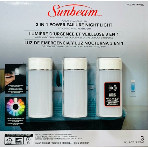 Sunbeam 3 IN 1 Power Failure Night Light 3PK Color Changing LED Motion