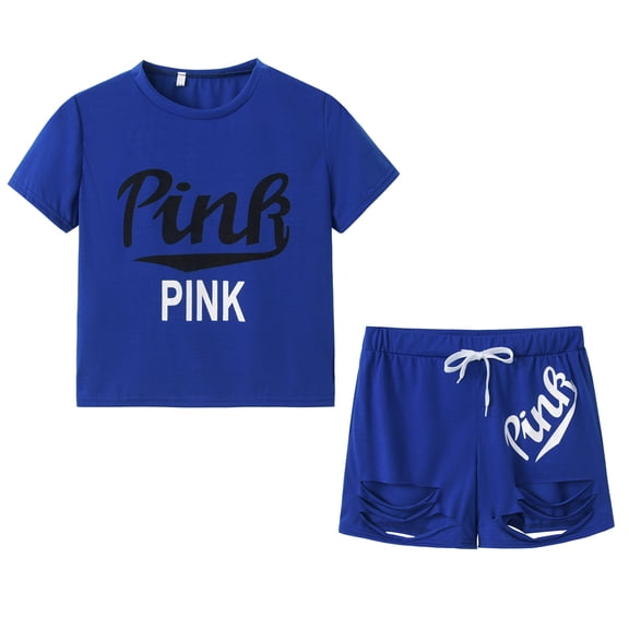 2022 At European And American Women's Summer Pink Shorts Letter Printing Burning Flower Sports Two-Piece Set