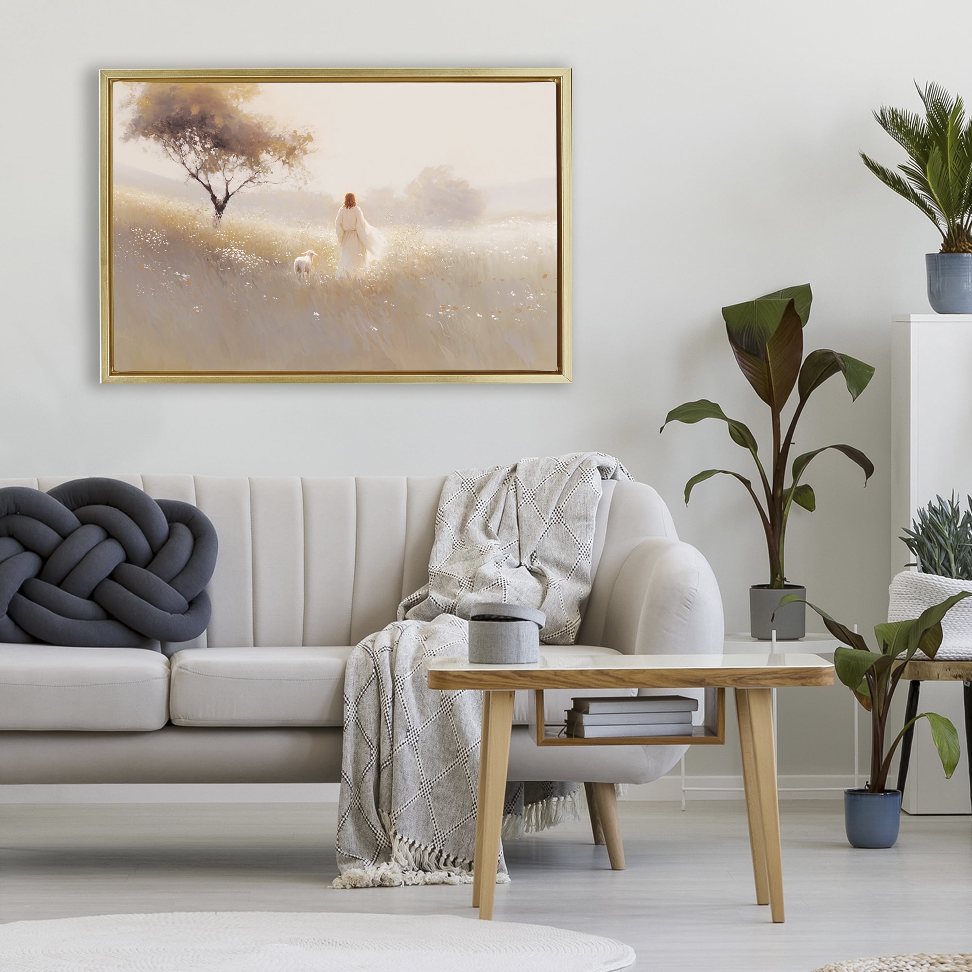 Stupell Industries Spiritual Shepherd & Lamb Gold Framed Floater Canvas Wall Art, design by Jacky Ngan