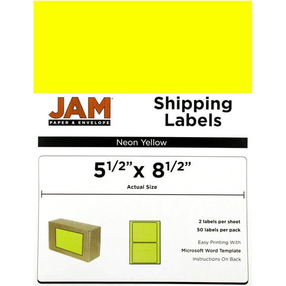 JAM Shipping Labels, Half Page, 5 1/2 x 8 1/2 , Neon Yellow, 50/Pack