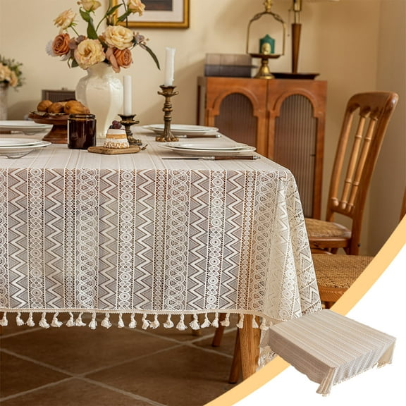 White Geometric Lace Tablecloth with Tassel Trim | 90x90cm Brown Polyester | Elegant Dining Protection for Parties & Home Decor