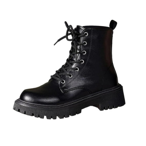 Xfvqtps Womens Martin Boots Chunky Sole Ankle Booties Fashion Lace up Side Zipper Comfortable Mid Heel Winter Casual Shoes Black