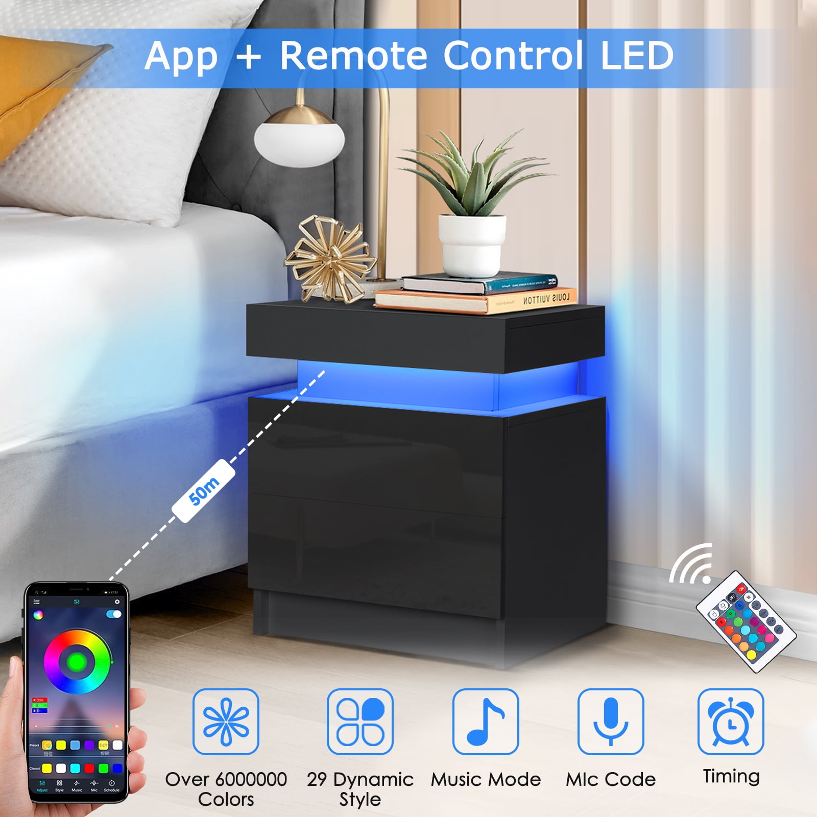 Hommpa 2 Drawer Modern Nightstand with RGB LED Light High Gloss Bedside Tables for Bedroom Black