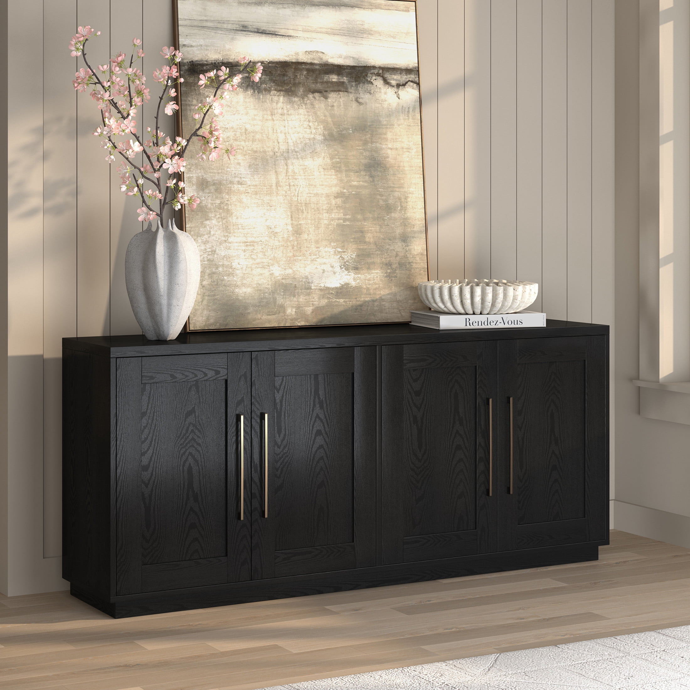 Evelyn&Zoe Modern/Contemporary 68" Wide Black Grain Buffet Table