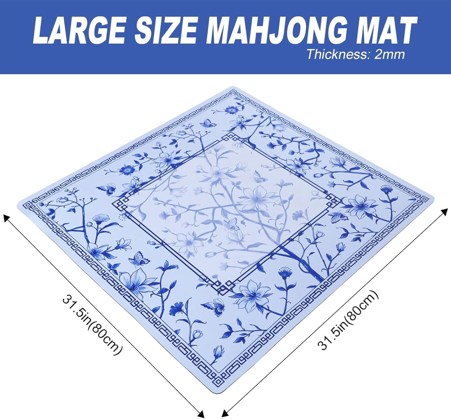 Large Blue Printed Mahjong Mat (31.5”x31.5”) with Black Carrying Bag, Anti-Slip, Noise-Reducing, Mahjong Table Mat for Mah-jongg,Poker, Board Games, Dominoes, and Card
