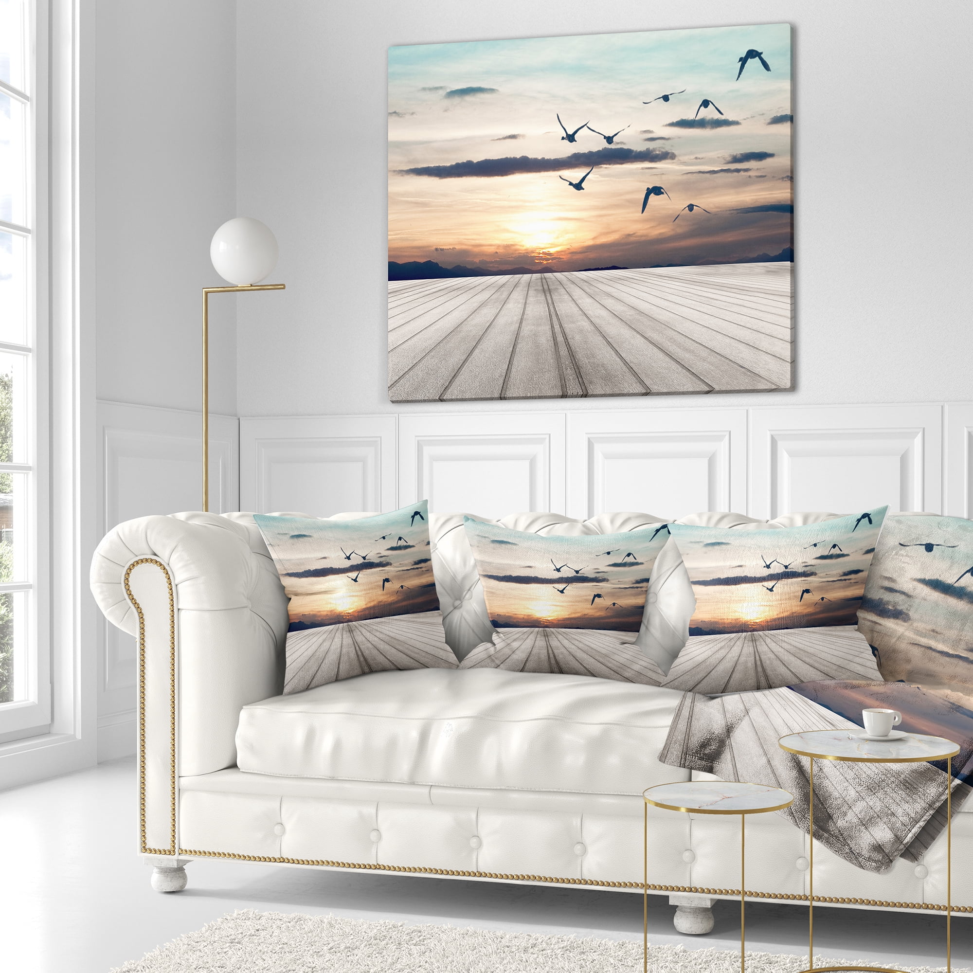 Designart Wooden Floor Sunset - Seashore Throw Pillow - 18x18