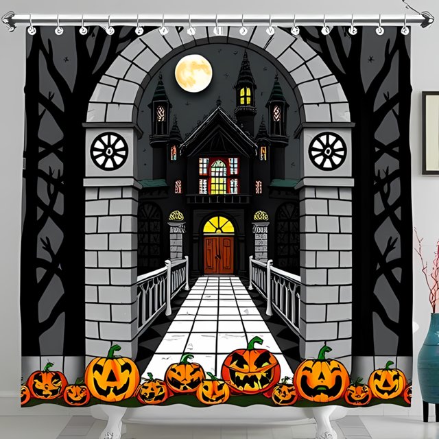 Gothic Mansion Halloween Shower Curtain Spooky Full Moon Design with Lanterns Perfect for Festive Decor
