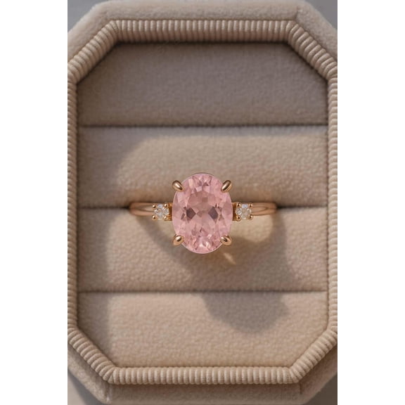 Pink Sapphire Oval Cut Ring, Distance Diamond Ring, 14K Rose Gold Art Deco Engagement Ring, Anniversary Ring Gift For Women Statement Ring