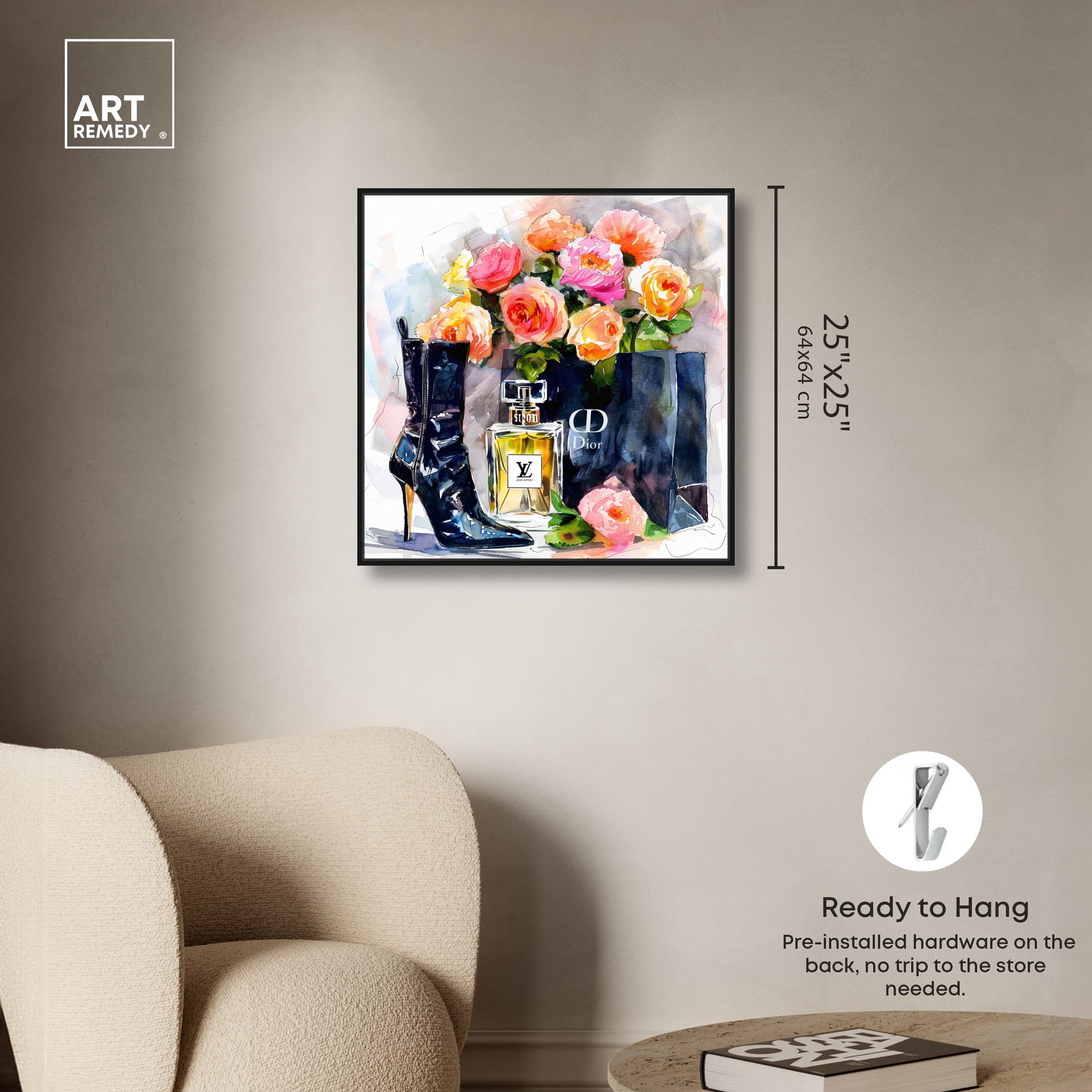 Boot with Perfume and Shopping Bag Canvas Fashion Art Prints by Art Remedy, Black Frame, 24" x 24"