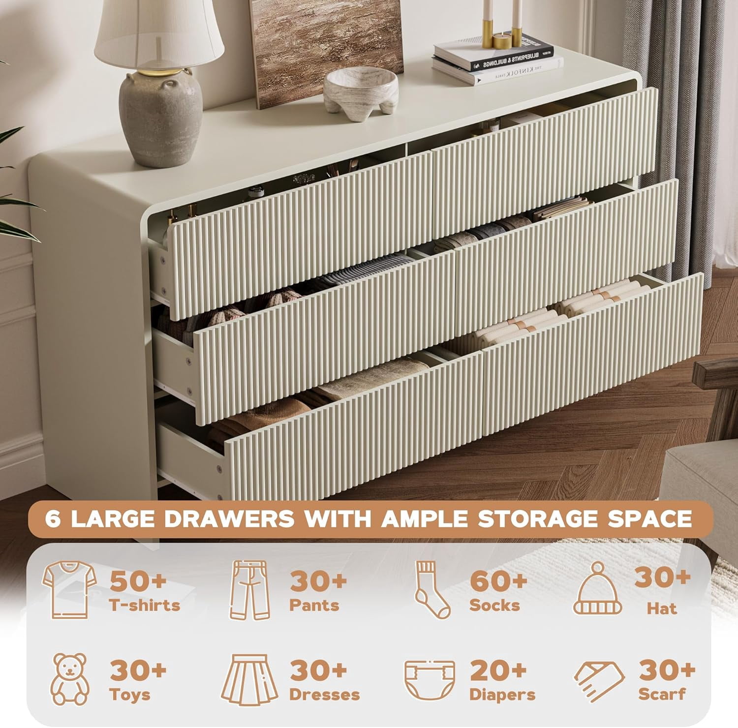 FURNIWAY Beige Curved 6 Drawer Dresser, Modern Long Dresser for Bedroom, Living Room, or Entryway, Push to Open Storage Chest, Minimalist Scandinavian Style
