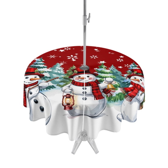 Outdoor Table Cloth with Umbrella Hole and Zipper, Red White Snowman Christmas Waterproof Round Tablecloth 54 Inch, Xmas Tree Snowflake Winter Washable Table Cover for Outside Party Patio Picnic