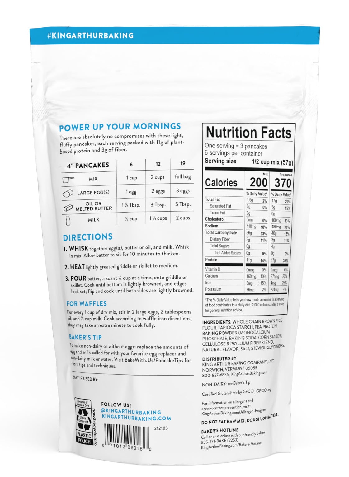 (3 pack) King Arthur Baking Company, Non-GMO Project Verified, Certified Gluten-Free Protein Pancake Mix, 12 oz Resealable Bag