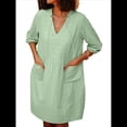 thumbnail image 2 of Vestido Tipo Túnica Holgado Informal de Algodón con Cuello en V para Mujer, Vestido de Verano para Vacaciones, 3/4 y Bolsillo. Verde S, 2 of 9
