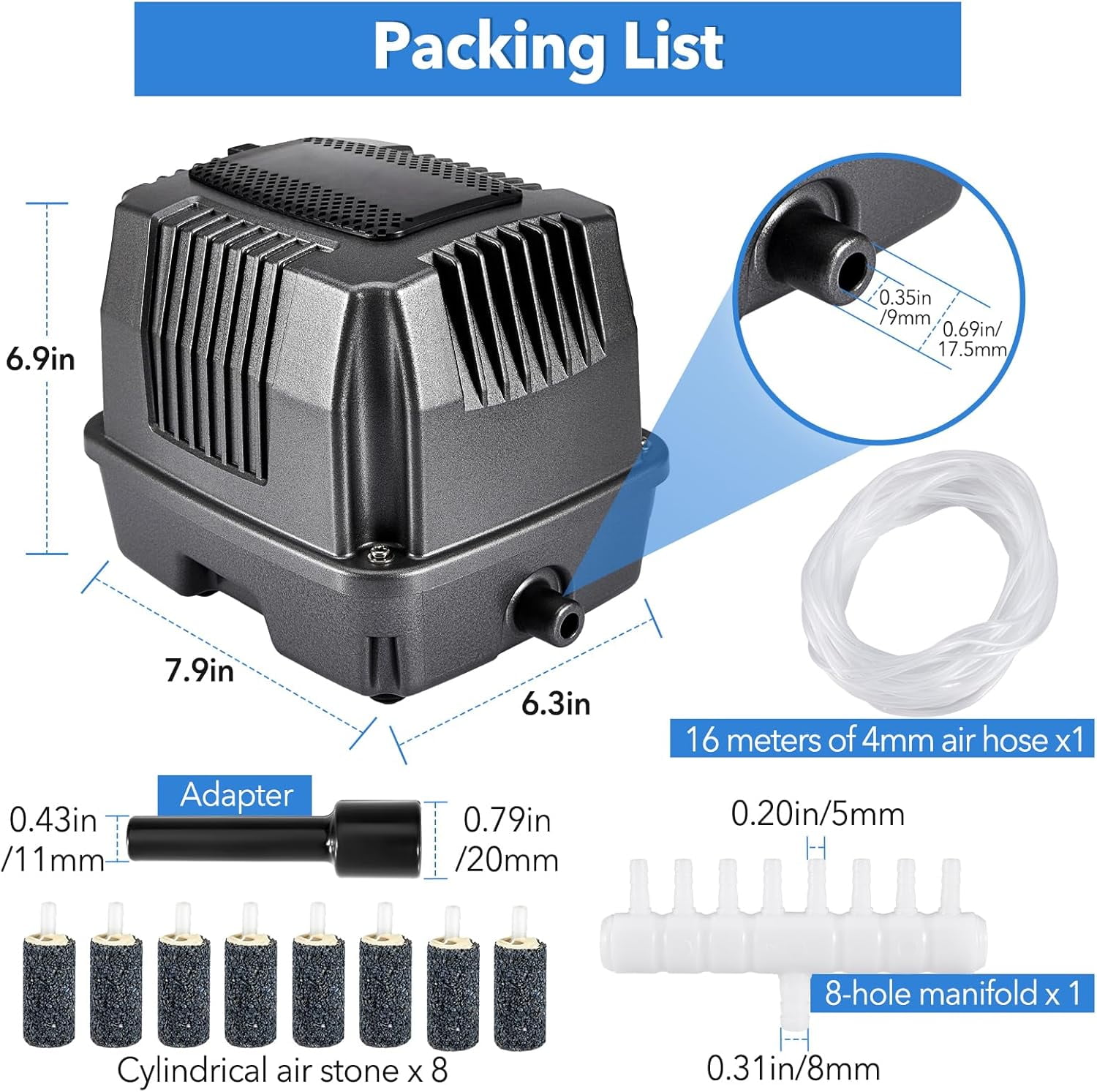 Linear Air Pond Pump, 855 GPH, Pond Aerators for Outdoor, Up to 10000 Gallons, with 8 Pcs Air Stones, for Fish Tank Koi Aquarium